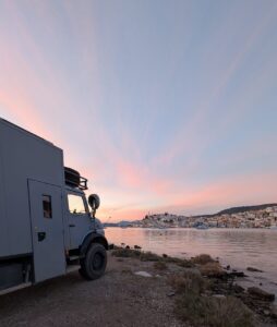 Overland travel in Greece: Parked opposite Poros